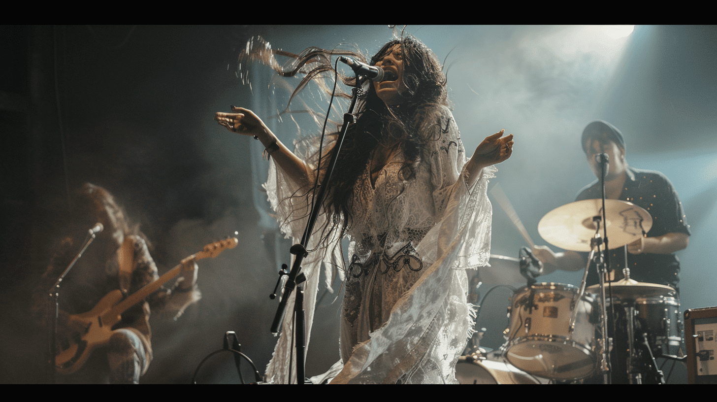 A gypsy woman on a concert stage singing with a long flowing white lace dress, long messy wavy dark windswept hair, microphone, drummer, guitarist, keyboard player, bass player, smoke machine, rim lighting, concert lighting hd quality shot on leica sl2, 24- 70mm. Hd, photo, cinematic, portrait photography, golden ratio, --ar 16:9 --style raw --stylize 50