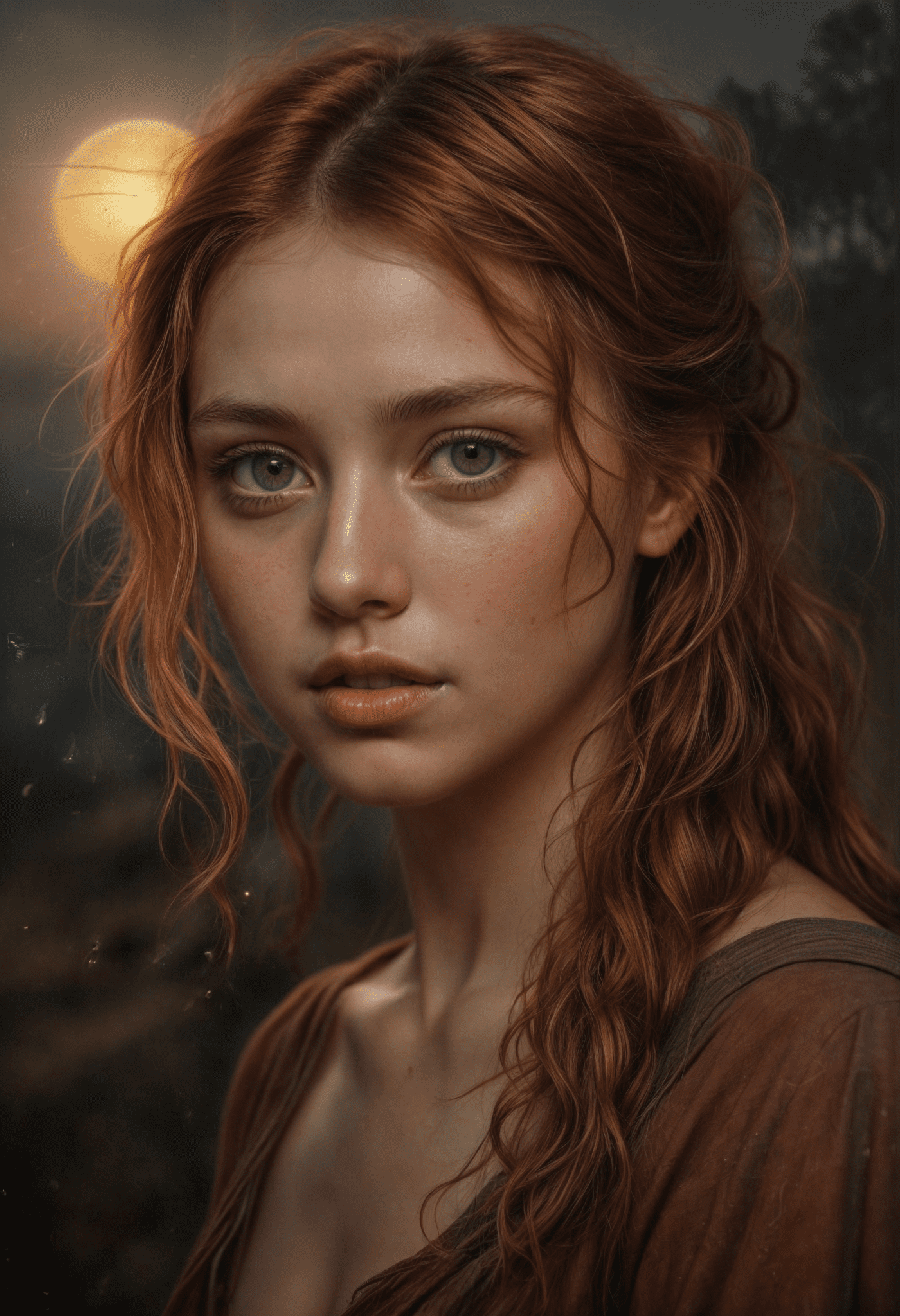 Drybrush scratched rough postcard tempera painting, mannerism, beautiful tender abstract expressive ginger arcane girl making magic portrait, sunset, by lockwood, kuindzhi, rockwell, shadow play, rough textures, perfect face, focus on detailed face, dynamic movement, rim lighting, mystical, magic