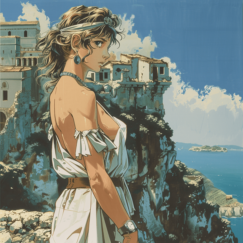 Beautiful greek muse. Mediterranean background. Live colors. Anime art by yutaka minowa, yoshiaki kawajiri. 1989 --v 6. 0