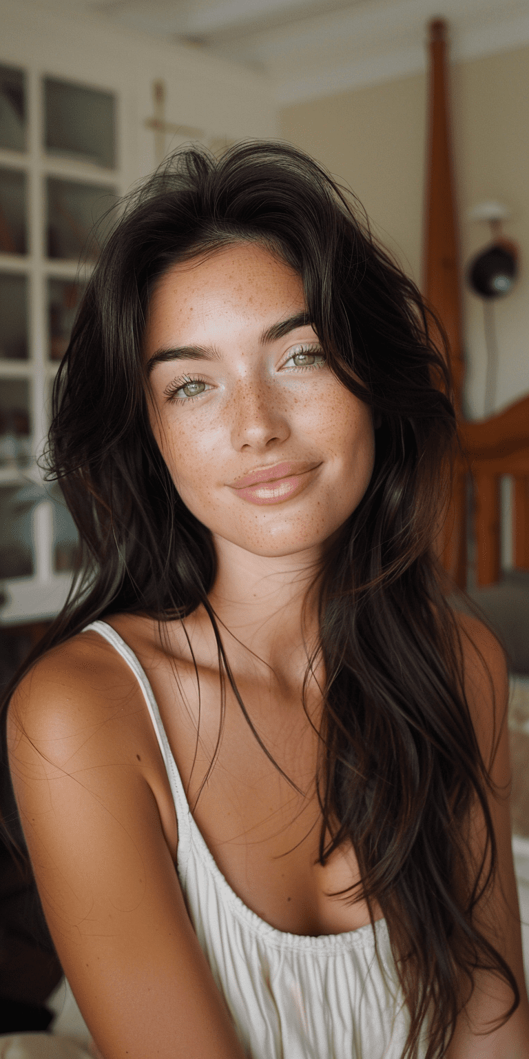 A closeup selfie of a beautiful woman flirtingly smiling at the camera with long dark hair in her bedroom, soft and natural lighting, wearing casual clothes, shot on an iphone 15 in the style of instagram stories --ar 1:2 --stylize 750