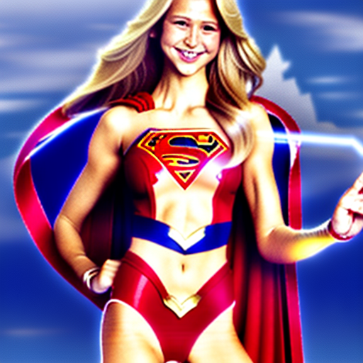Supergirl, whose golden blond angelic look and long, sleek, straight, rim-lit hairstyle evoking a 1980s swimsuit supermodel, smiles flirtatiously as she gets crowned with a tiara at a contest; athletic and muscular, legs wide; glam lighting; comic book style, jim lee;;wideshotcapturessupergirl's full bodyindetail;cinematic comic book frame;dynamichues