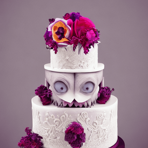 Wedding cake that is really a (mimic in disguise with mouth wide open showing teeth and long tongue in cake:1. 4) | (evil creature| dnd) | intricate decorations| edible flowers| elegance| digital art| photorealistic| high contrast| soft shadows| three-quarter view| detailed textures| rich colors| depth of field| ambient lighting