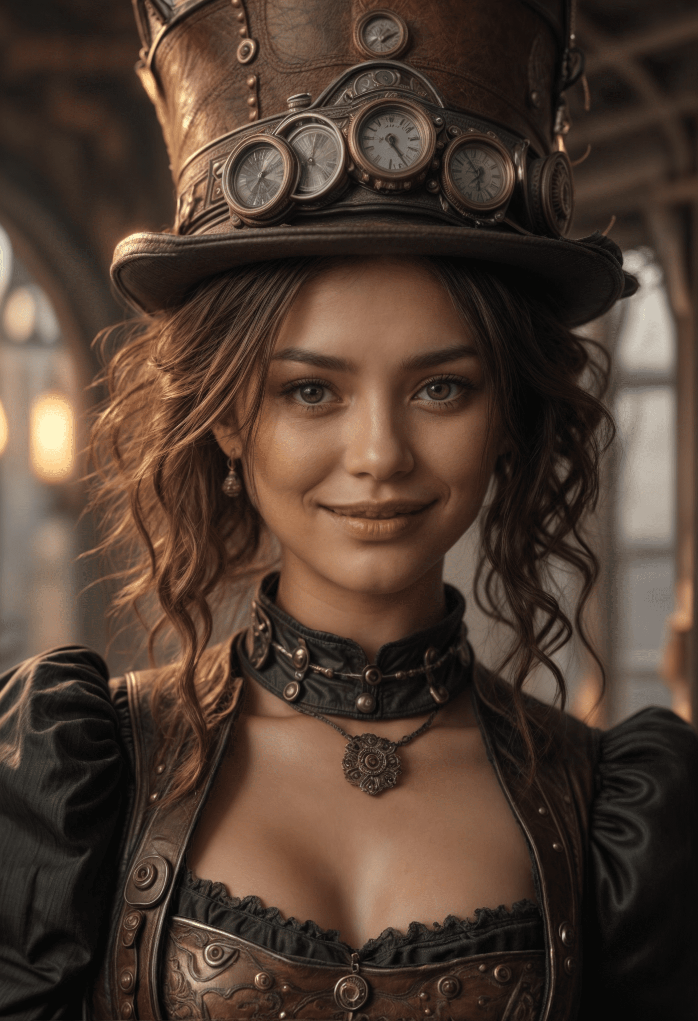 Hot breathless beautiful steampunk princess, different cinematic scene by story, ultra high detailed and photrealistic scene, very cute smile