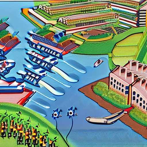 Imagine a giant ship transformed into a floating city, shaped like noah's ark, navigating on the open sea. The ship has rows of houses with small gardens, clearly visible on the deck. Streets lined with trees and flowers create vibrant colors against the blue ocean. In the center, there's a large open park surrounded by buildings like a school, hospital, and shopping center. Solar panels cover the roofs, and wind turbines spin in the sea breeze. The ship is a self-sustaining ecosystem, harmoniously floating on the water, showcasing sustainable living and advanced technology.