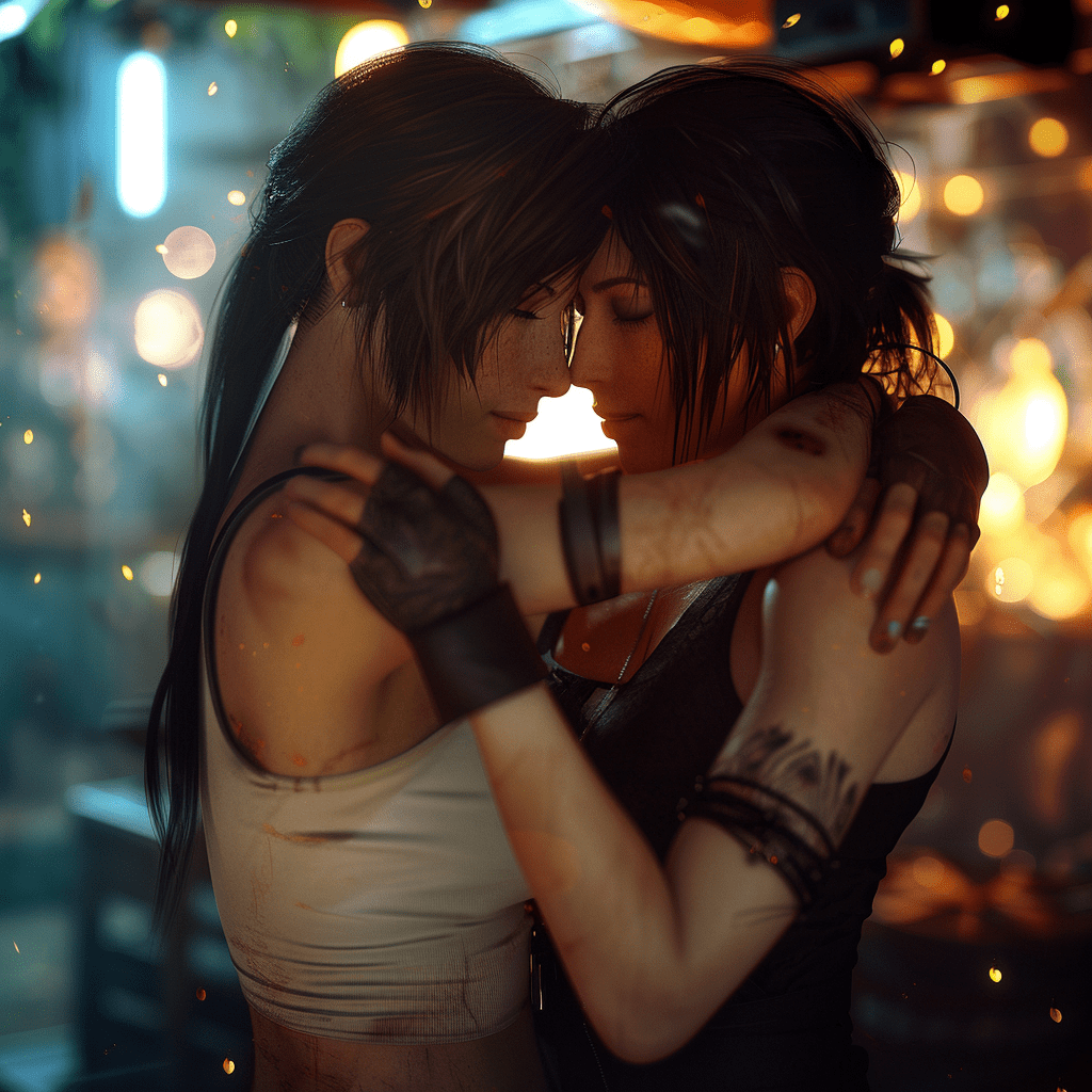 Tifa lockheart, is having a secret meeting with lara croft. They both embrace each other passionately. Ultrarealistic, cinematic photo, extrememly high resolution, rim lighting, bokeh, 8k, trending on artstation, 8k, leica m11 --style raw --stylize 50