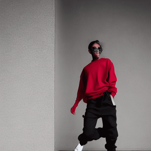 Fashion photograph of a model posing minimalist set, model is styled in a streetwear yet chic outfit consisting of a over-fit grey sweat-shirt tucked into dark olive cargo jogger, background is a smooth, crimson, providing a contrast that highlights the outfit, lighting is strong yet directional, accentuating the texture of the fabric and the sleek fit of the pants, emphasize the confidence pose of the model, with hands up behind head, capturing a relaxed yet fashionable streetwear vibe, uhd --ar 9:16 --stylize 500