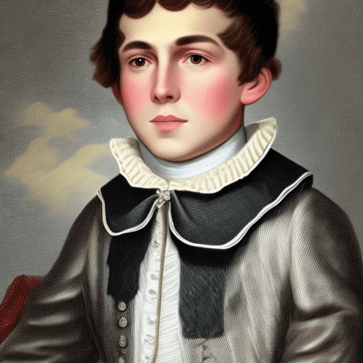 A young teen boy dressed in an 18th century pageboy uniform with a silver collar around his neck.
