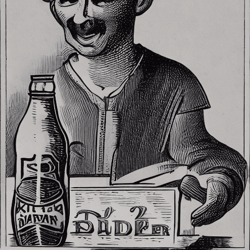 An icon for advertisment containing, a middle aged man holding a bottled drink with a laber saying "kin der"