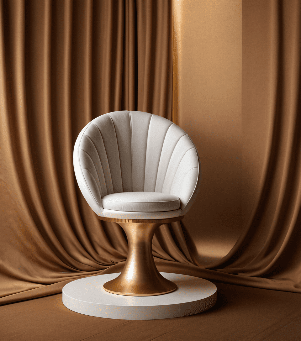 A white podium sitting on top of a brown cloth, an abstract sculpture, inspired by anna füssli, trending on pexels, abstract illusionism, golden fabric background, pinterest render, golden ribbons, curved furniture