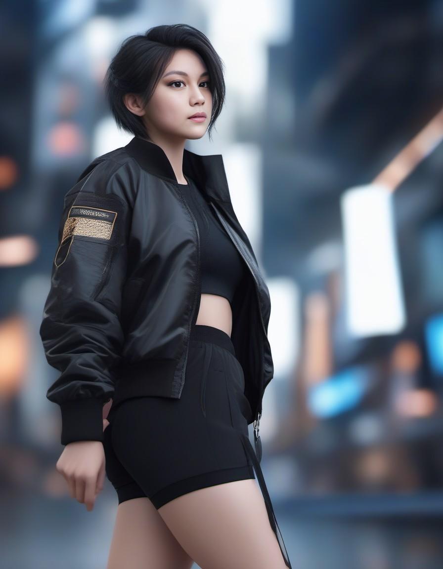 (3d ilustration, anime) (8k, ultra hd, high resolution, extreme detail, octane, render, best quality, masterpiece, dynamic angle, highest detailed:1. 2) , full body photo of young female, beautiful eyes, modern hairstyle, tank top, (black bomber jacket:1. 2) , shorts, fit body, view from side, dynamic angle, trending on instagram, kodak, (ultra high resolution textures:1. 2) , bokeh, radiant skin, light passing through hair, city background, (official art:1. 2)