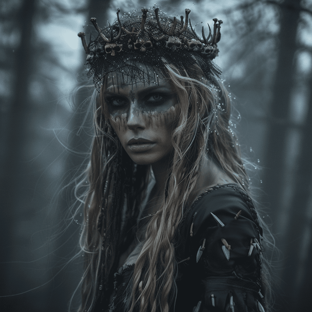 A shaman woman wearing black and standing in a dark forest. There is a crown of bones around her head, and she has long blonde hair. The style is atmospheric, cinematic and of dark fantasy. She wears animal leathers and beds --s 350 --v 6. 0