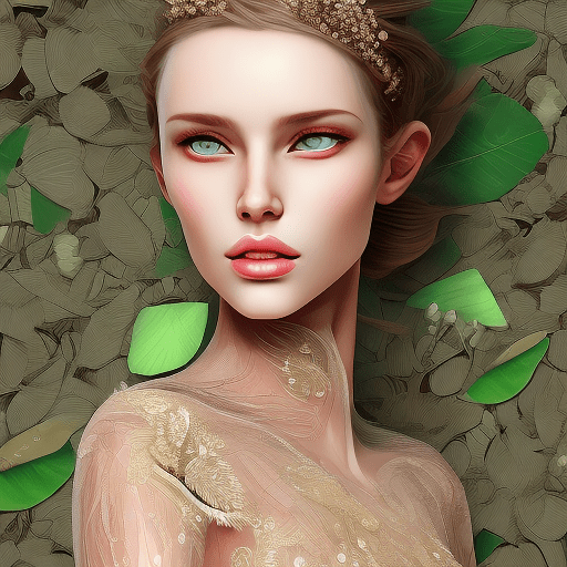 Create an image of a model in a highly fashionable dress, relaxing on a lily leaf. Highlight the intricate details and textures of the dress and the lily leaf, aiming for a high quality, high resolution result.