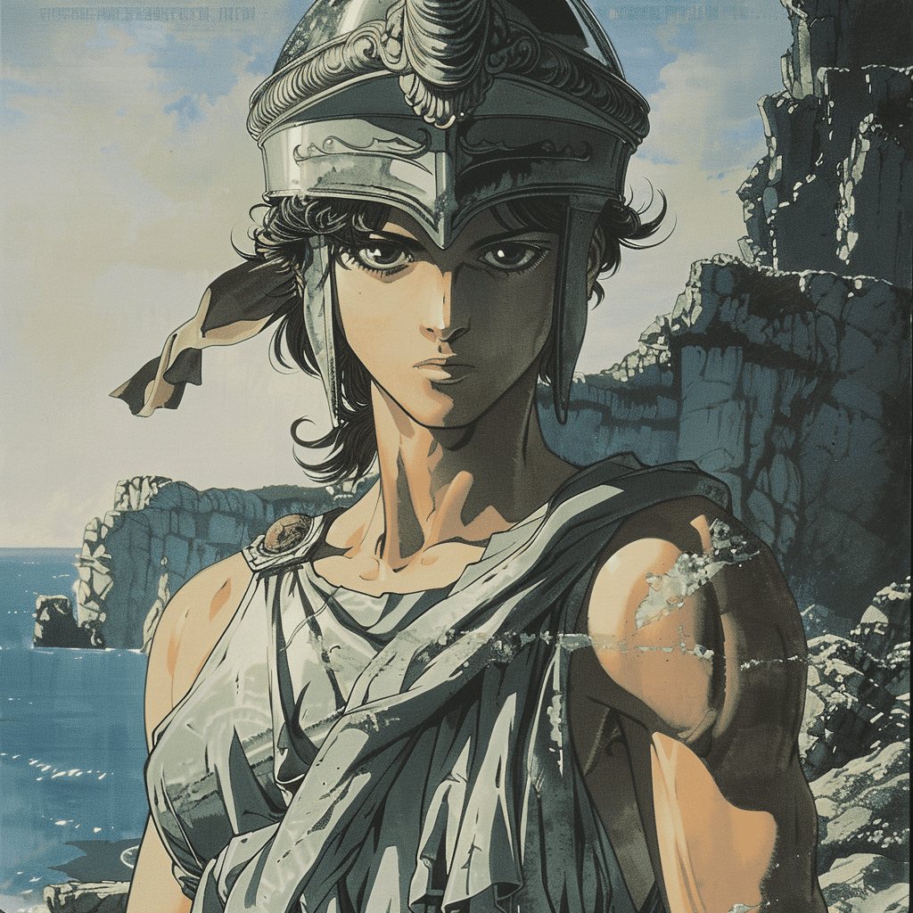 Female greek warrior. No helmet. Mediterranean background. Anime art by yutaka minowa, yoshiaki kawajiri. 1989 --v 6. 0