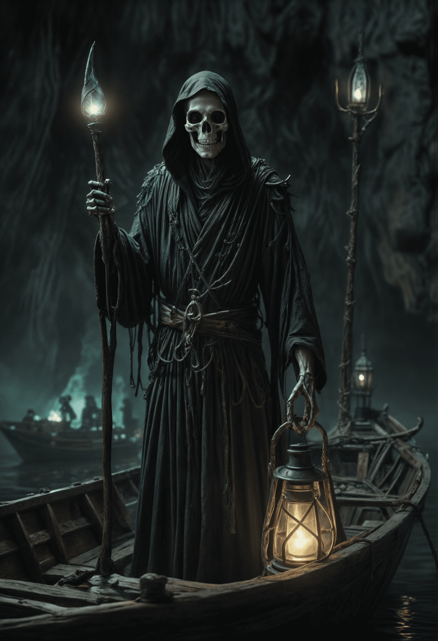 Grim reaper, green lights, blue flames, souls and ghosts, styx, stands in a nautical-themed underworld, on a boat, oaring, holding a lantern made of bones, the other grasping a oar, entire scene cast in eerie, boat made of bones, skeletal boat, ghostly light, shadows dance on craggy rocks, mist coils around a churning sea, river styx, digital painting, dramatic lighting, ultra-realistic