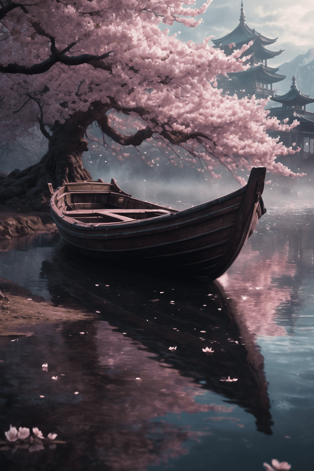 A boat in the middle of the cherry blossoms, in the style of lush scenery, fairycore, ultra detailed, intricate details, beautiful, octane, dramatic light, ambient lighting, by greg rutkowski and magali villeneuve, foggy background, epic realistic, rutkowski, intricate details, hyperdetailed, cinematic, rim light, muted colors, (horror, dark, sad:1. 5)