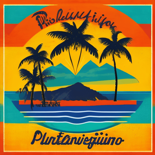 A vibrant vintage-inspired summer design featuring the text "puerto vallarta" in bold yellow and orange letters. The text is framed by a red circle adorned with a sun and two palm trees, giving it a tropical feel. The design has a distressed, weathered appearance, perfect for a vintage t-shirt. The isolated background allows for easy printing and seamless integration with various clothing items. , painting, illustration, typography