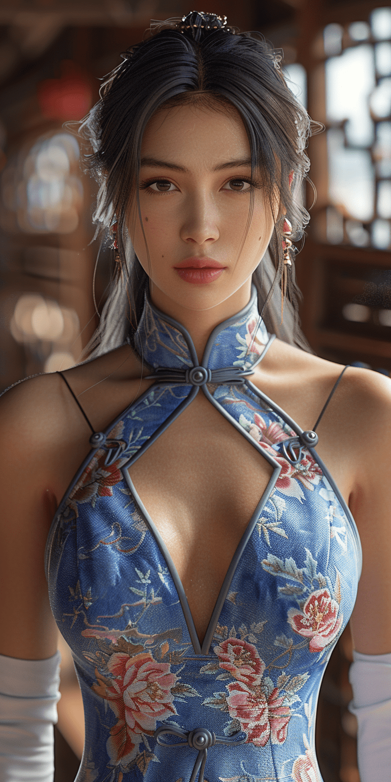 Beautiful chinese woman with long straight hair wearing white gloves and a blue-purple cheongsam against a street background, photorealistic, in the style of high-definition photography, with a perfect figure body shape, showing beautiful face details, in high definition, high resolution, high detail, high quality --ar 1:2 --stylize 750