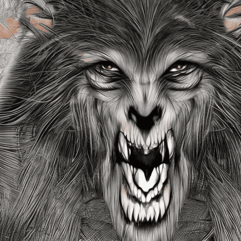 Um personagem homem lobo híbrido em resolução 4k, o homem lobo possui um corpo musculoso e definido e esta em uma caverna sombria escura a noite, o home lobo possui um olhar intimidador e feroz