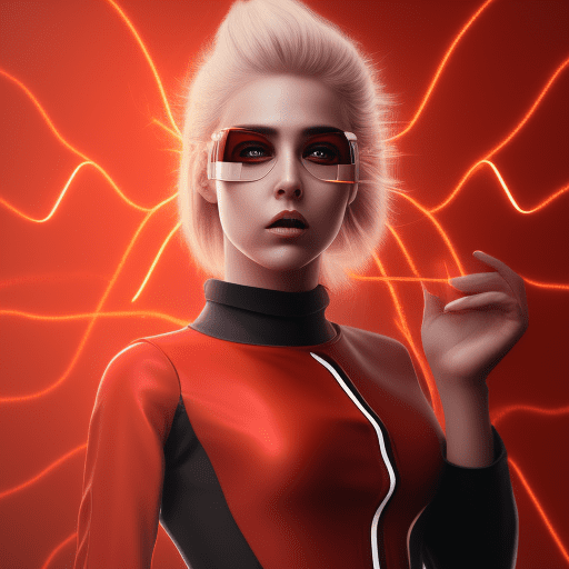 Photorealistic illustration of female blonde heroin called arc wearing red suit and black goggles, the perspective shot is three quarters, there are dynamic lines around her, circles, sparks, fire trail behind her, trending artstation, adobe firefly, photoshop art, dramatic action, vivid color, high details, 32k, uhd resolution, raw, best quality, hi-res, stunning composition, masterpiece