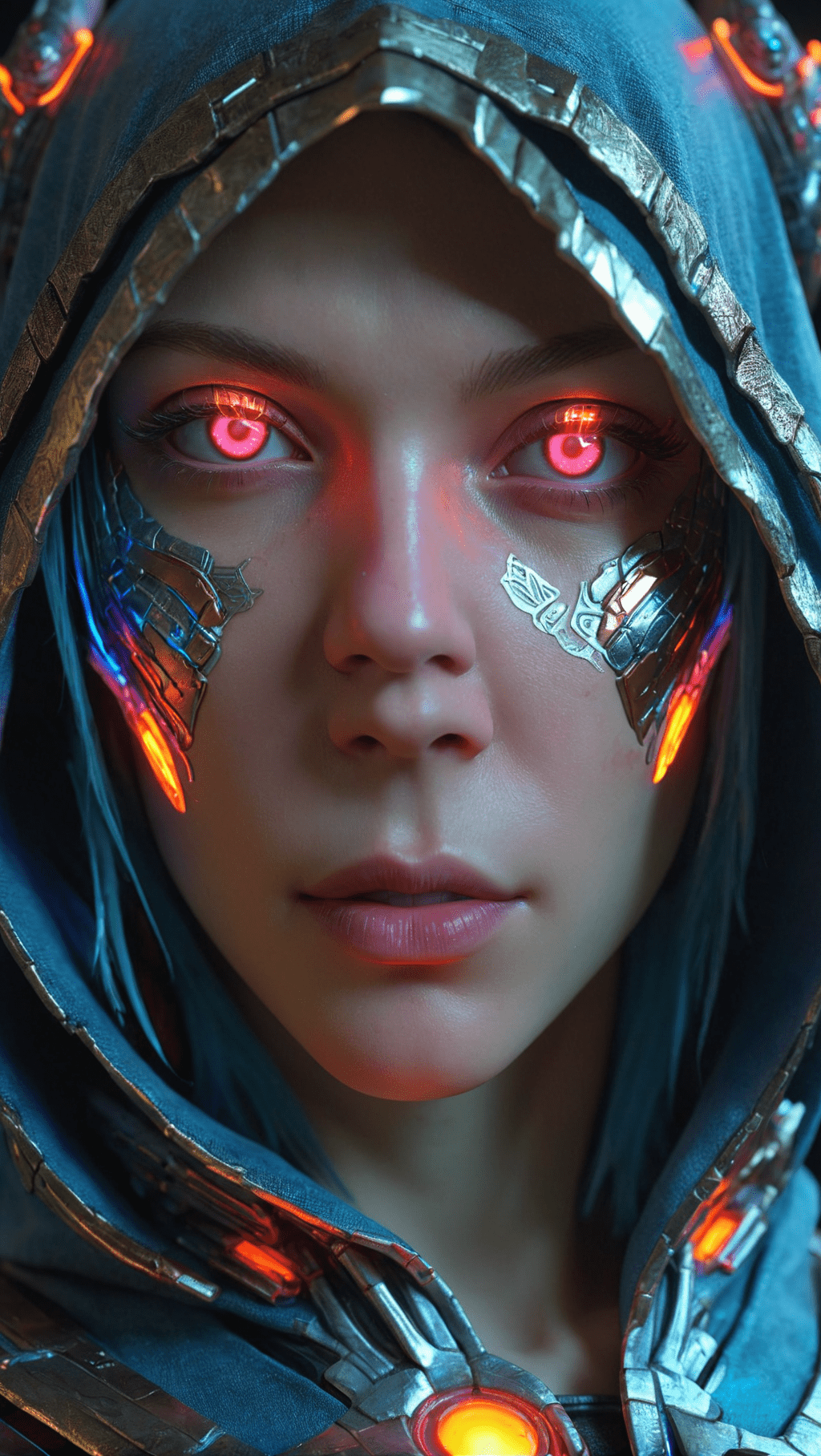 A full character nice dynamic pose in an with all body lines visible (ultra-detailed cyborg in a spaceship) ((red eyes in a hood wonderfully detailed ) ), (( having giant transparent and glowing wings (wonderfully detailed) )), with anthropomorphic cybernetic elements on metal armor, particles of light, multi color fairy wings, ((neon multi color hair) ) soft particles of fractal energy, depth of filed, breath of wild, pink orange and blue lines neon lights reflections (wonderfully detailed) (burning lights) , reflection mapping, , intricate design and details, dramatic lighting, hyperrealism, photorealistic, cinematic, 8k --ar 9:16 --v 5 8k --ar 69:121 --s 1000