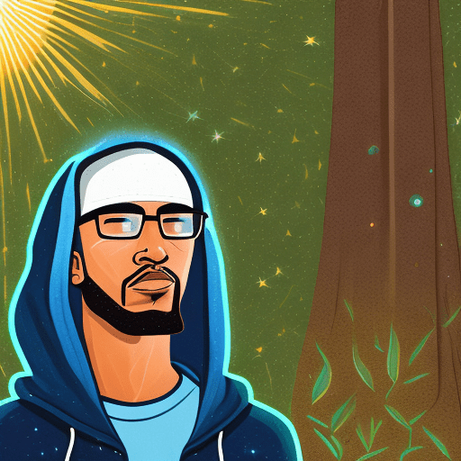 A brown skin latino man standing in front of a cosmic or celestial scene with green and blue hues suggesting foliage and water elements, wearing a white hoodie with the hood up, and vertical streaks of light that resemble sunlight filtering through trees. His head is not covered and he has very short hair. He is wearing black-rimmed glasses, have a sparsely dense beard, his eyes appear to be half-closed.