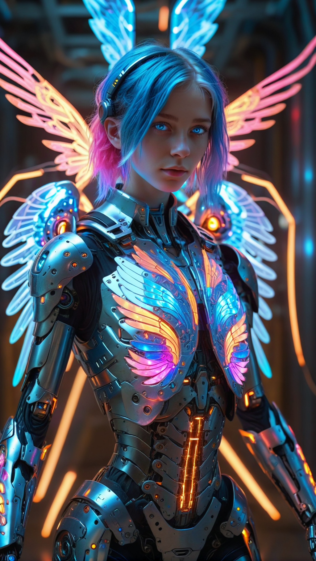 Ultra-detailed cyborg in a spaceship ((blue eyes wonderfully detailed ) ), with anthropomorphic cybernetic elements on metal armor, particles of light, multi color fairy wings, ((neon multi color hair) ) soft particles of fractal energy, depth of filed, breath of wild, pink orange and blue lines neon lights reflections (wonderfully detailed) (burning lights) , reflection mapping, rising from back wings ((very large) ) ((giant transparent wings) ) (glowing wings) (wonderfully detailed) , intricate design and details, dramatic lighting, hyperrealism, photorealistic, cinematic, 8k --ar 9:16 --v 5