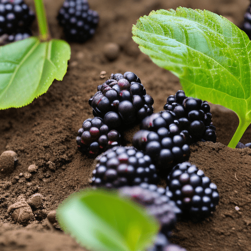 High resolution image of a blackberry bramble. Show a few canes growing out of the dirt. The background should be transparent. Do not crop the top of the plant