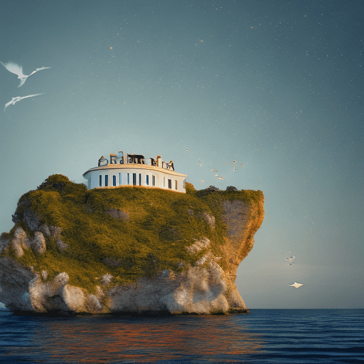 A picture beautiful and very small uninhabited island from the front, the sea is endless around it, and three small gulls are flying in the sunset sky. There are two moons, making it perfectly symmetrical from side to side. The composition, color, and cinematic expression are wes anderson style