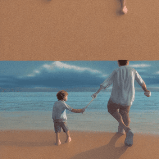 Young son and father holding hands on beach photo of a ultra realistic sailing ship, dramatic light, pale sunrise, cinematic lighting, battered, low angle, trending on artstation, 4k, hyper realistic, focused, extreme details, unreal engine 5, cinematic, masterpiece, art by studio ghibli, intricate artwork by john william turner