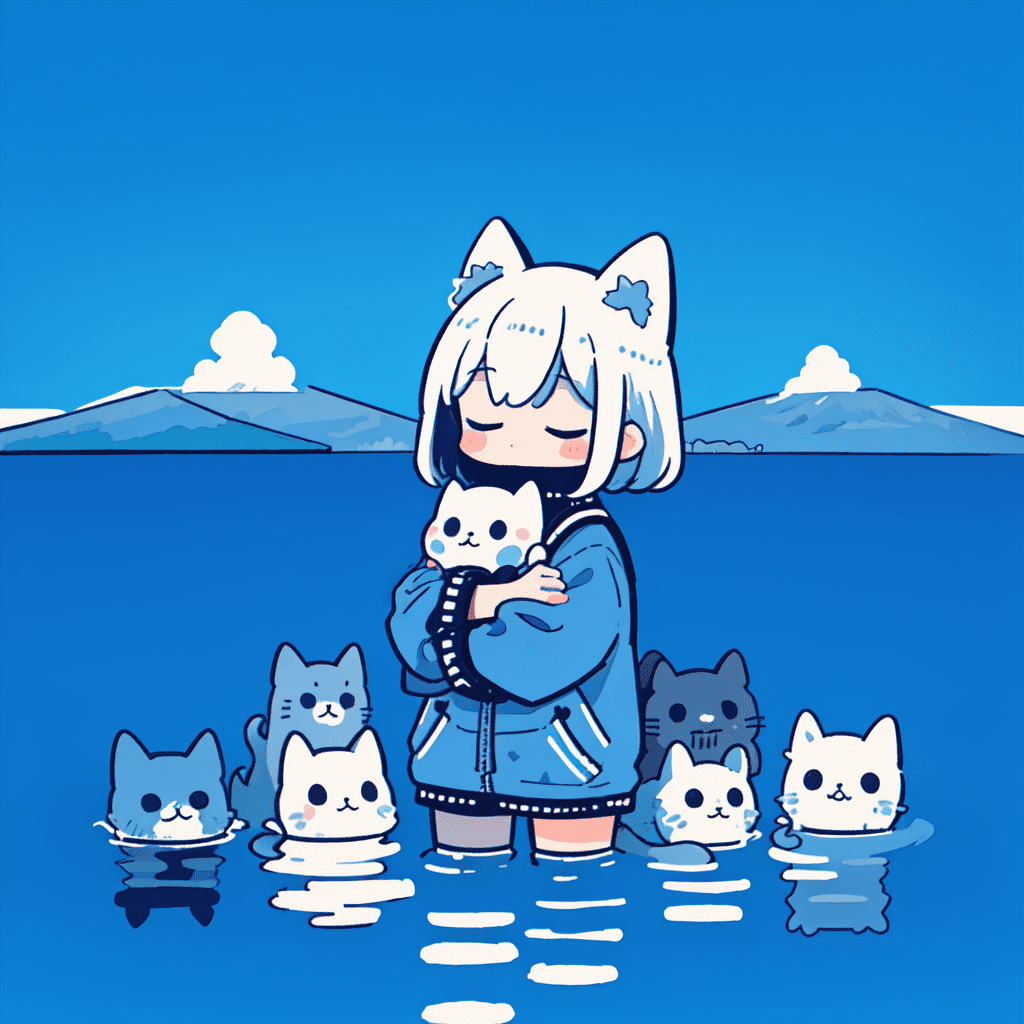 Best quality, (limited palette,gouache (medium) :1. 1), deep blue theme, (solo,chibi:1. 2) , cat ears, closed eyes, hugging cat, (partially submerged:1. 1) , outdoors, landscape, scenery, (reflective water:0. 9) ,