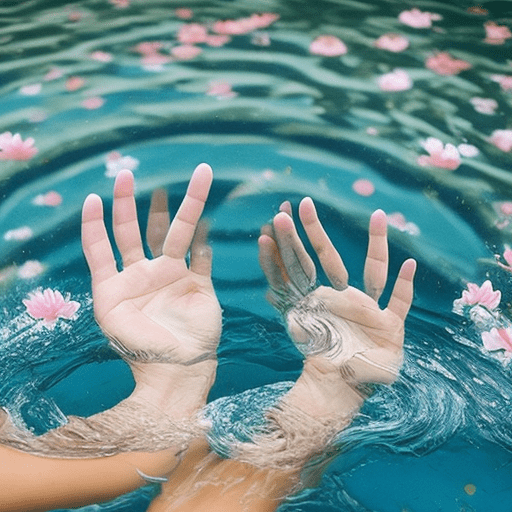 Disembodied hands reaching up through a pool of clear, still water, their fingers gradually transforming into delicate, blooming flowers.