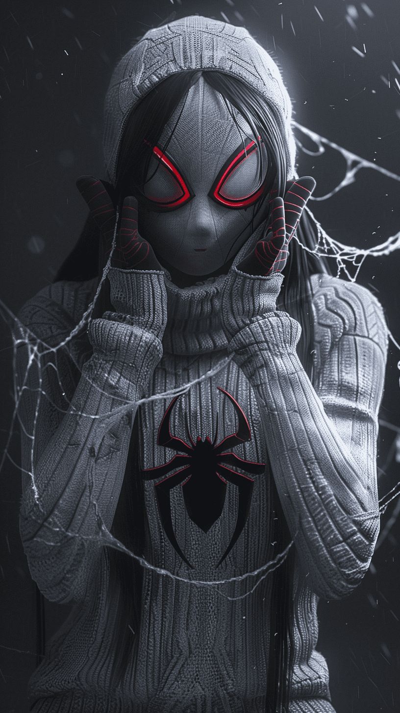 Photorealistic spidergwen wearing a grey sweater with spider silk. She has white skin and long black hair, with two big red eyes on her head in the shape of a simple mask. Her arms are covered in web, holding her hands up to cover her face. It is a full body portrait against a dark background with high contrast and hyper realistic, cinematic lighting, in the style of a photograph. --ar 9:16 --v 6