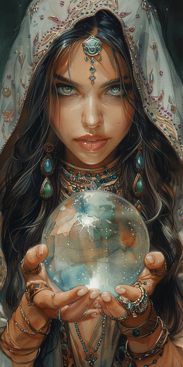 Watercolor drawing of a female fortune teller with long dark hair and green eyes, wearing an embroidered headscarf with many jewels around her neck, holding up a large crystal ball in her hands, close-up of her face, in the style of fantasy art, best quality, high detail --no freckles --ar 1:2 --stylize 750