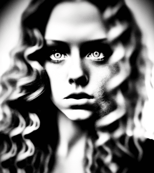 Black and white, grunge style photograph of ginger female instagram model face extreem close up, beautiful, long curly hair, big eyes, wealthy jawellery, full lips, alluring, distressed, vintage, textured, shade plays --ar 1:2 --s 250