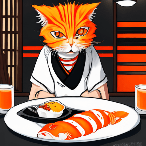 Highest quality, perfect masterpiece, perfect art, 8k, (orange cat, sushi, eating sushi in a restaurant, urban japanese style, white bandana, kimono with koi fish, environment is a japanese restaurant; the overall color tone is bright; thick coating style, (orange hair: 1. 3) , (black background: 1. 3) , pearl illusion, cyberpunk, fashion trends, 3s material, hd, detail performance, c4d, 3d, octane rendering, ray tracing, complex details, animated lighting, ocrenderer, 8k,