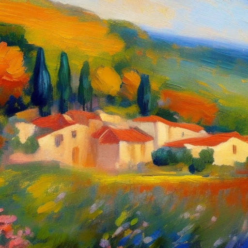 Impressionist painting on canvas of provence, in the style of impressionist masters, warm colors, delicate brushstrokes