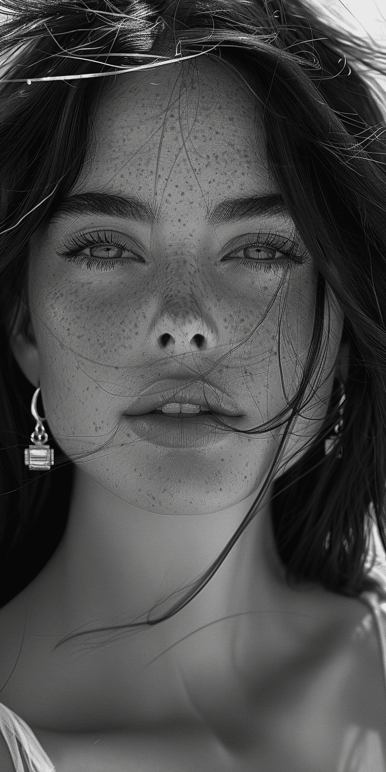 Black and white portrait of an extremely beautiful woman with long hair, earrings in the shape of diamonds, photorealistic, best quality, big brown eyes, full lips, beach background, shot on a hasselblad x2d, hyperrealistic, cinematic lighting --ar 1:2 --stylize 750