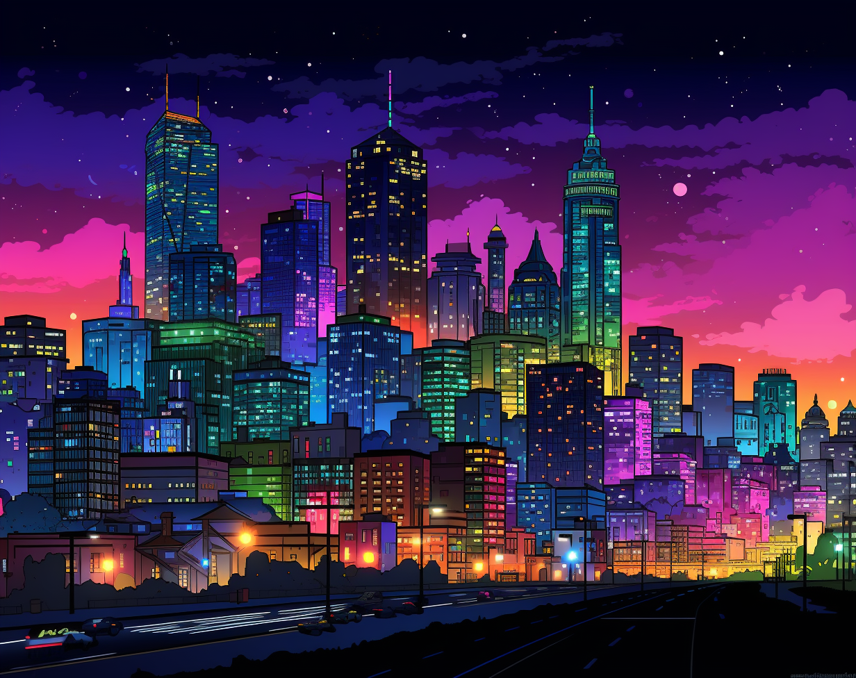 Pixel art of the city skyline at night, 8-bit pixel style, high resolution, high contrast, vibrant colors, with a black background. The buildings should be illuminated with lights and have detailed textures to give them an urban feel. Silhouettes of people can also add depth to the scene. --ar 128:101 --v 5. 2