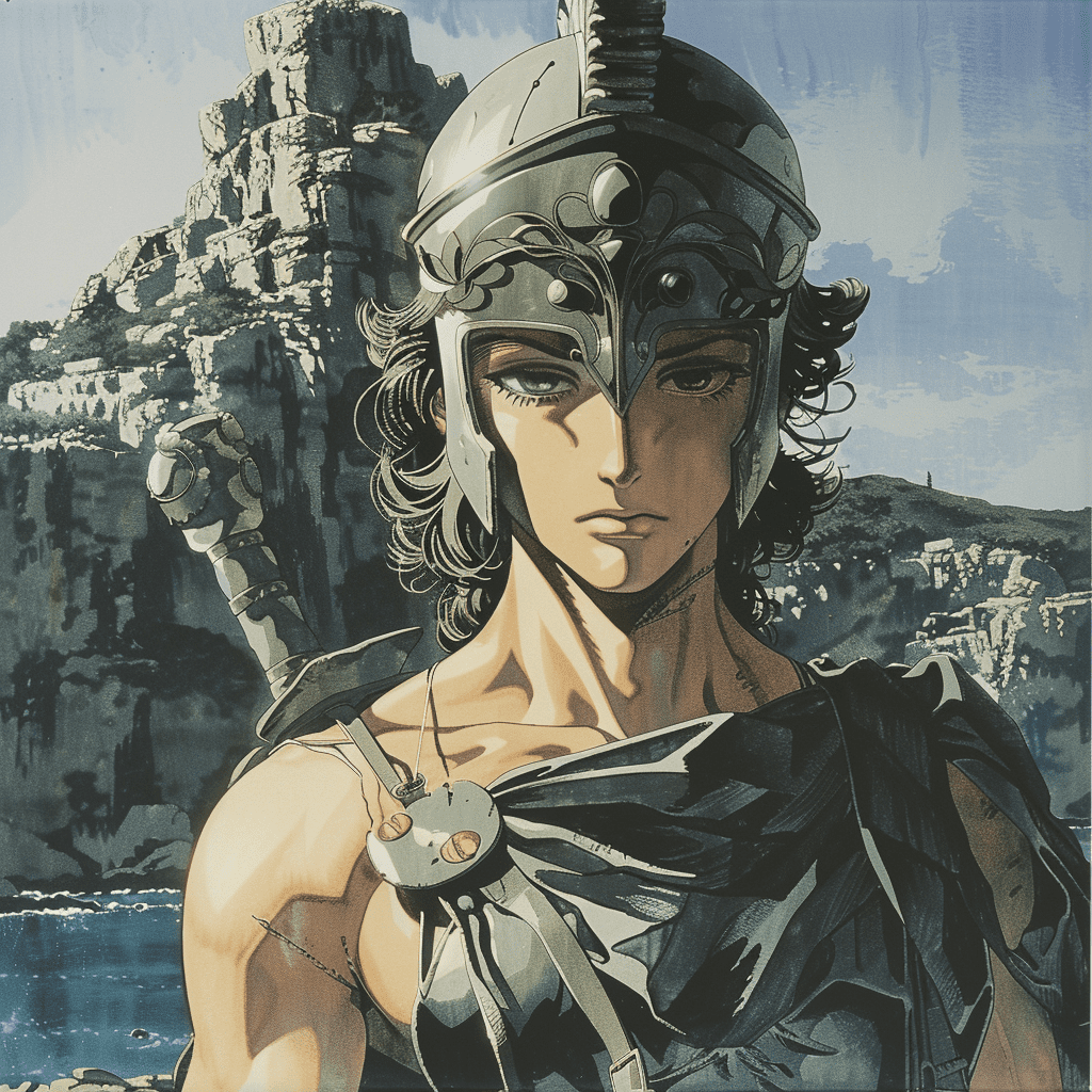 Female greek warrior. Mediterranean background. Anime art by yutaka minowa, yoshiaki kawajiri. 1989 --v 6. 0