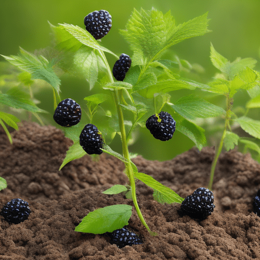 High resolution image of a blackberry plant growing from the ground with some foliage and blackberries on the ends of the canes. The background should be transparent. Do not crop the top of the plant