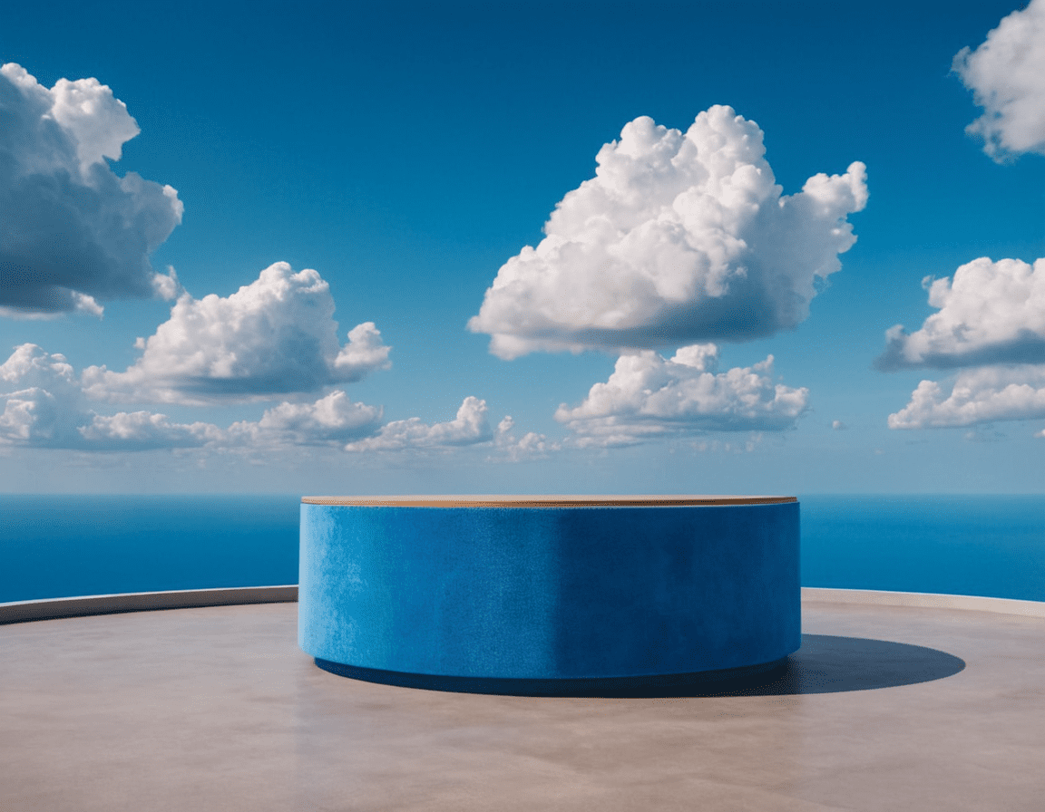 Product photography, beautiful blue podium for product, super detalised and fashion, with puffy clouds and sky in the background, very esthetic, 8k