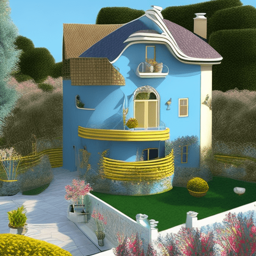 House in ar-deco style in skyblue and golden colours whit cute garden on the sea coast