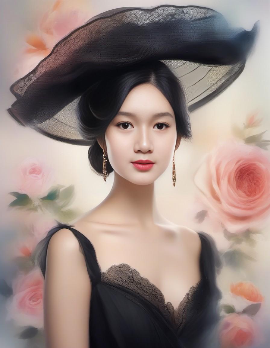 Super realistic 4k airbrush oil painting shiny skin of a beautiful european woman, with nice makeup and perfect face, wearing a pastel dress, long wavy black hair, holding a hat, with vintage phrase words background, made a piece of junk magazine paper in watercolor style within high resolution, including details such as steam, clock towers, horse carriages, suitcases and lace with pastel colors and floral elements