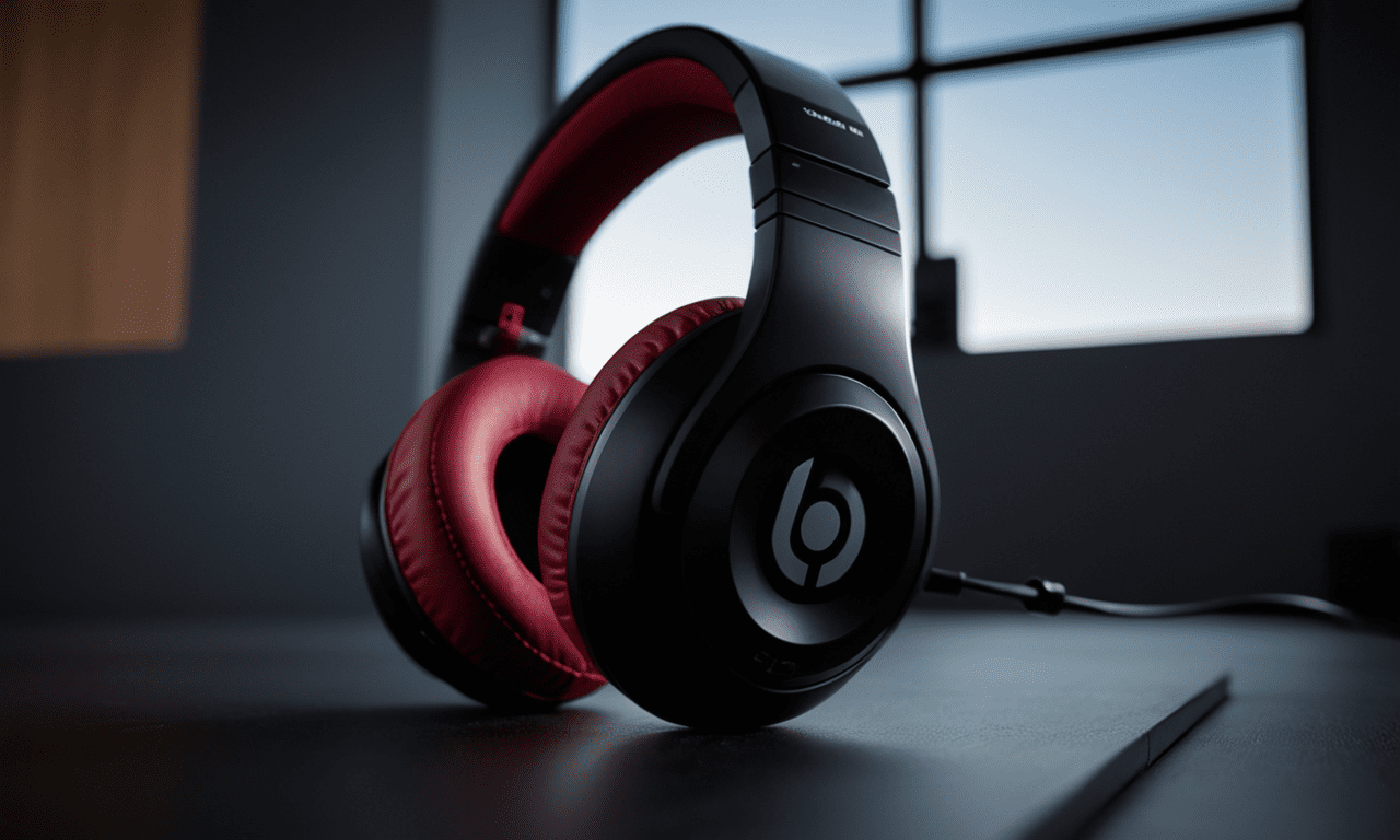 Product photography, concept design, product design, beats by dre headphones, strong light and shade effect, super-sensory, 60mm f/2. 8g ed lens, set to an aperture of f/8, iso 100, and exposure time of 1/125s to ensure sharpness and clarity, the controlled studio lighting highlights the contrast between the materials, reflections, with a softbox providing even illumination, super detailed, ultra realistic, black solid photo studio setting, high detailing --ar 9:16 --style raw