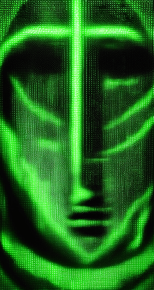 A close-up shot of the enigmatic female hacker's face emerges from a glowing, green-binary-code-embellished canvas. Her hooded cloak wraps around her features, casting an air of mystery. The matrix-inspired patterns swirl around her, creating a stunning depth of field effect. Lighting: soft, cool-toned glow emanates from the binary code, highlighting her piercing gaze. Composition: framing her face, the swirling patterns create a sense of movement and dynamism. Location: a futuristic, neon-lit cityscape fades into the background, adding to the digital artwork's immersive quality.
