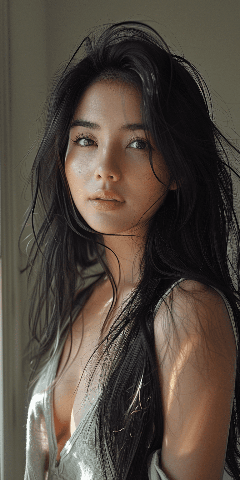 A photo of an attractive filipina girl with long black hair, wearing casual clothes, soft and natural makeup, photorealistic, high quality, taken on an iphone in the style of a selfie --no freckles --ar 1:2 --stylize 750