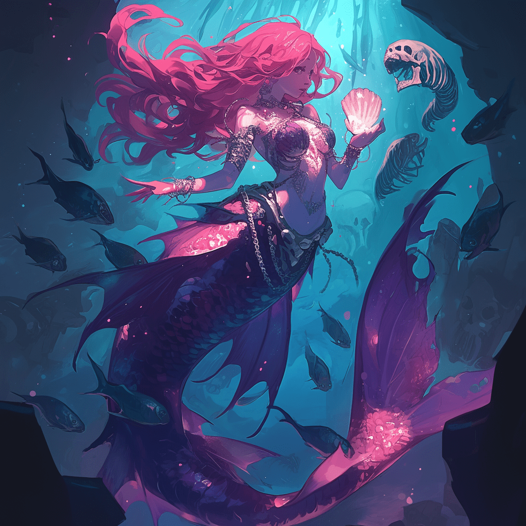Deep sea mermaid swimming after fish hungrily. Mermaid is bioluminescent surrounded by angler fish with giant teeth. There are skulls and human bones collected at the bottom of the abyss, the mermaid has long flowing pink hair and gills, the mermaid has seashell bra and is wearing jewelry from the ocean. The mermaids body is in full view with a sparkling tail.