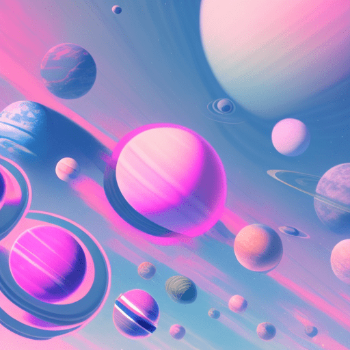 Minimalistic, saturn-like planets, three-body problem, cyberpunk vibrant pink and blue colors, no background