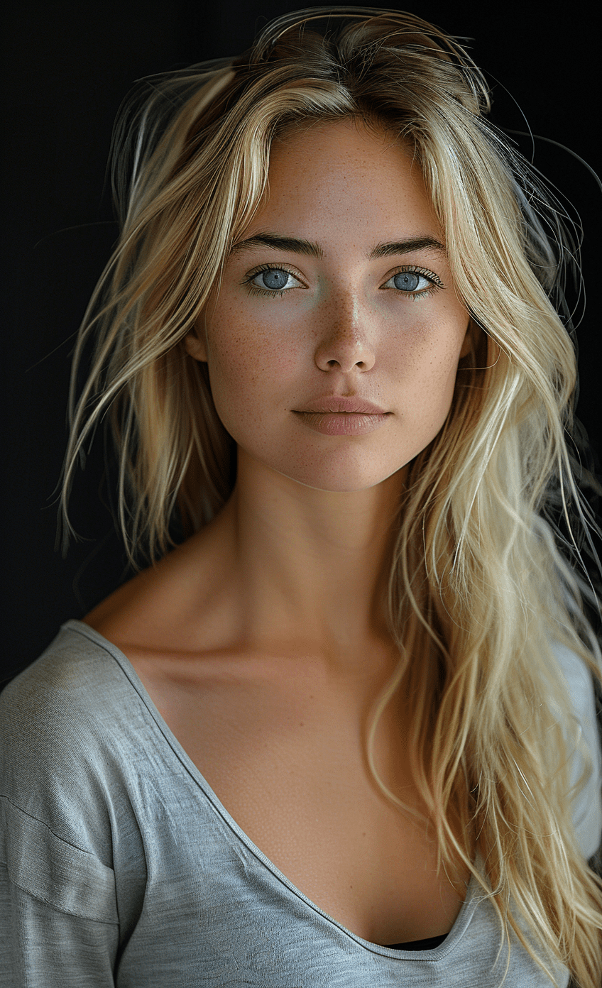 Headshot of a beautiful blonde young woman, with long hair and blue eyes, wearing a gray shirt with soft lighting facing the camera in a high contrast, high resolution style. --ar 73:120 --stylize 750