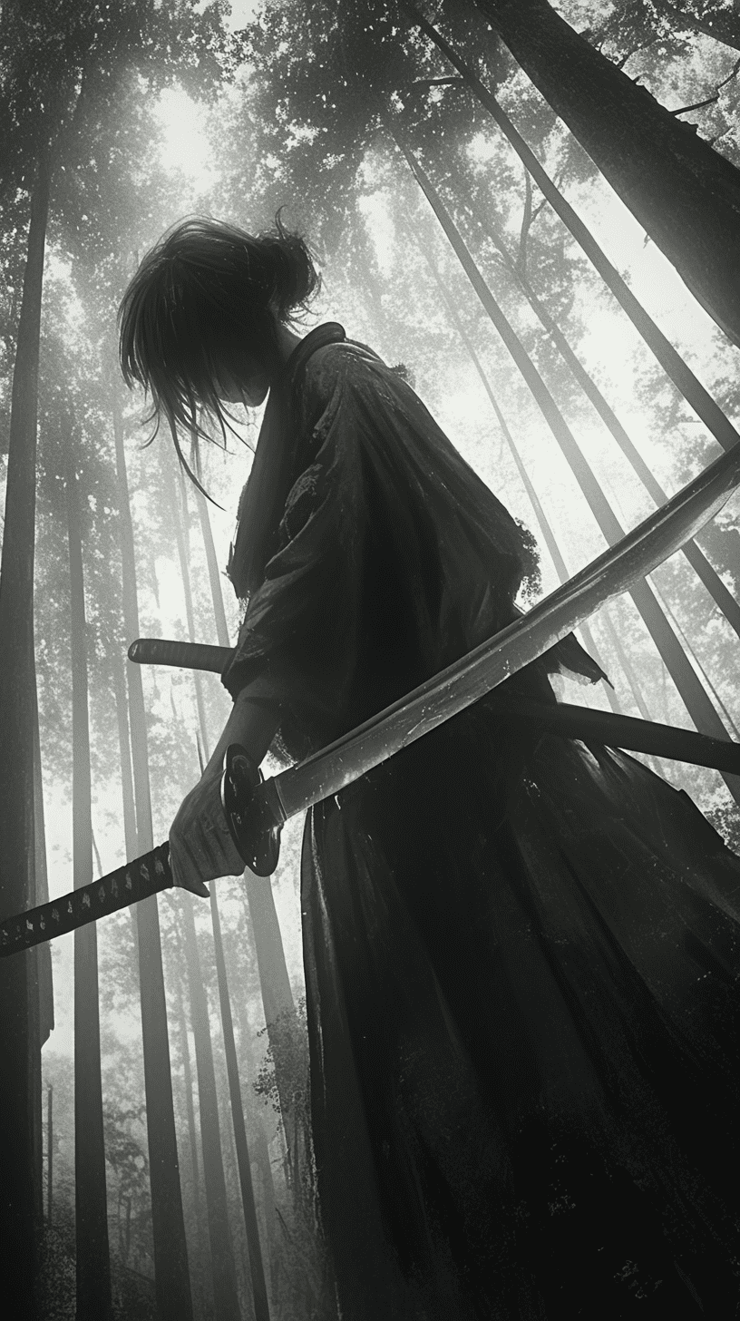 Black and white photo of samurai sword in the woods, samurai standing behind it, grainy film noir style, cinematographic photography, close-up, dynamic angle, forest background, by david lynch